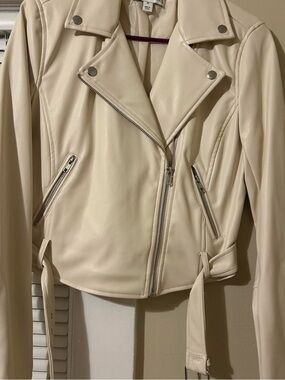 Macy's Cream Faux Leather Moto Jacket with Silver Hardware